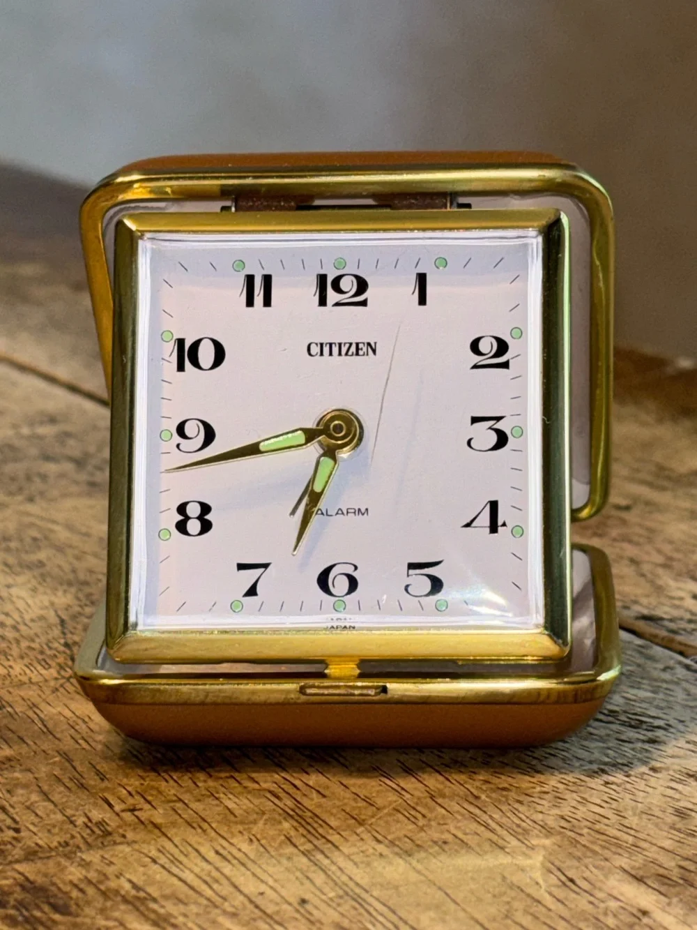 Vintage Citizen Japan Folding Travel Alarm Clock Gold Tone Brown Case Luminous